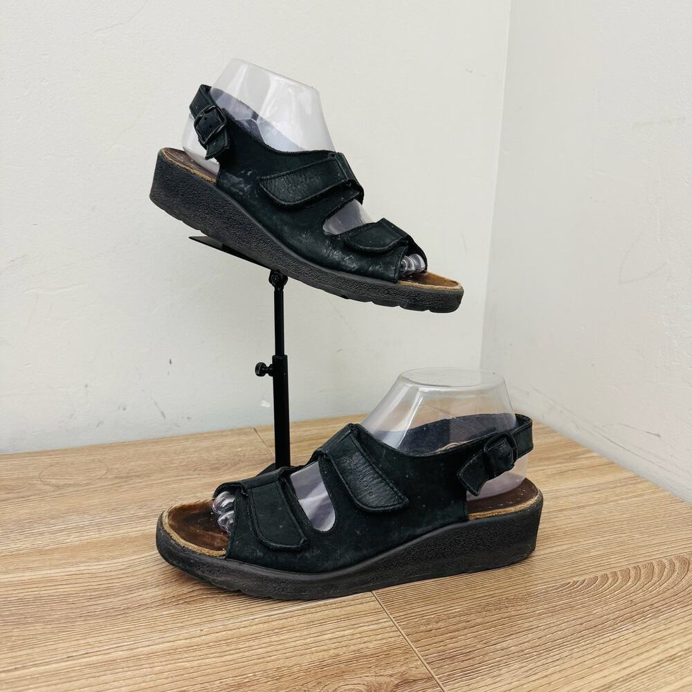 Fly Flot Black Suede Leather Wedge Sandals Women’s Size 9